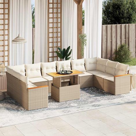 Salon de Jardin 11 Pièces en Résine Tressée Beige avec Coussins, Table à Hauteur Réglable et Design Modulaire (1/3)