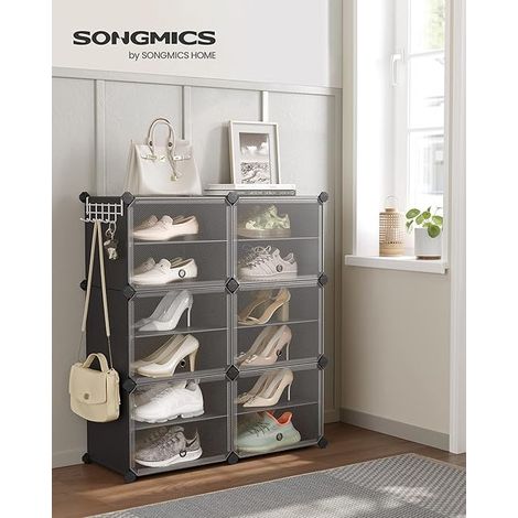Rangement Chaussures 6 Compartiments, Étagère de Rangement Modulable, Compartiment de 30 x 40 x 30 cm, avec Porte, Cadre en Acier, Panneaux en Plastique, Noir