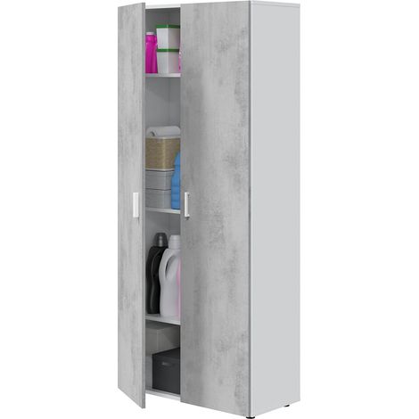 Armadio Multiuso Armadietto Alto Con Doppia Anta e 4 Ripiani Ideale Per Bagno Ingresso Camera Da Letto Garage Ripostiglio Design Moderno Huelva L 80 x 37 x 182 Cm Bianco e Grigio Cemento