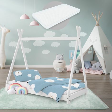 ML-Design Cama Infantil Tipi Blanca 70x140 cm con Colchón de Espuma Fría y Somier de Listones, Cuna de Suelo Juvenil de Madera Maciza de Pino, Lecho para Niño y Bebé, Casa Tienda de Campaña Juego (1/5)
