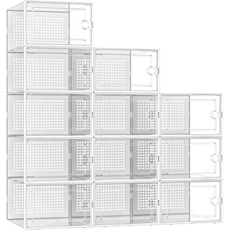 12 Boîtes Chaussures Transparentes - 40% Plus Solide - Rangement Chaussures - Gain de Place - Boîtes de Rangement Empilables - Jusqu'à 44 - Transparent et Blanc (1/5)