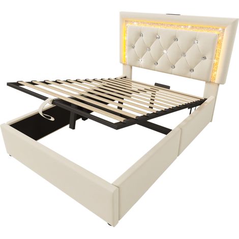 Cama capitoné 90x200 cm de terciopelo beige con LED, USB-C y arcón de almacenaje (1/5)