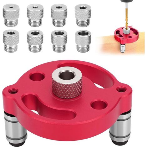 Kit de Recherche de centre de travail pour le bois, Gabarit de Percage Vertical avec douilles de perçage 3/4/5/6/7/8/9/10mm, Guide Percage pour bois dur massif (Rouge)