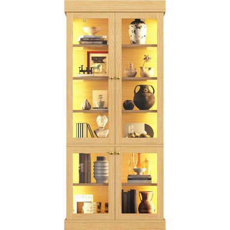 Meuble haut sur pieds moderne avec éclairage LED intégré, vitrine en verre, rangement intérieur optimisé et anti-bascule, robuste et polyvalent pour la maison, brun naturel (1/5)