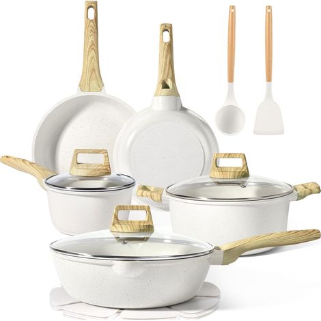 Batterie de cuisine antiadhésive 14 pièces en aluminium, motif granit blanc, compatible induction, sans PFOS/PFOA. (1/5)