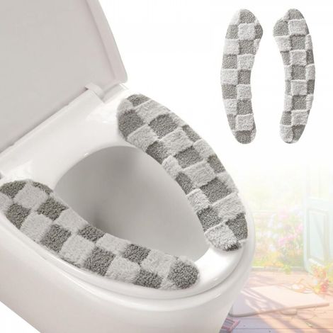 1 paire Housse de siège de toilette épaisse et chaude en peluche – Coussin lavable et réutilisable avec motif à carreaux (Gris) (1/5)