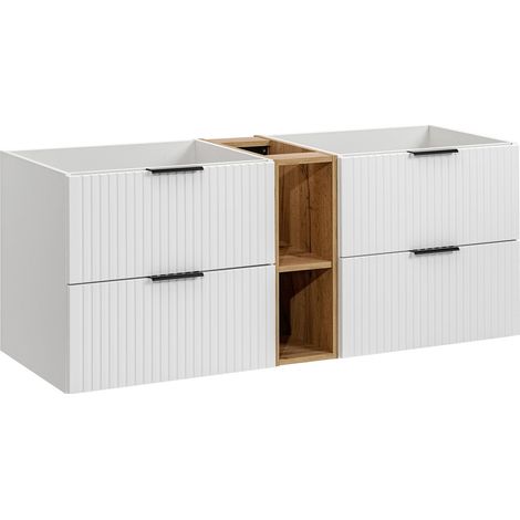 Furnidea - Meuble sous double vasque ADEL BLANC avec l'étagère - extension CHÊNE 140 cm - 4 tiroirs - Façades rainurées (1/5)