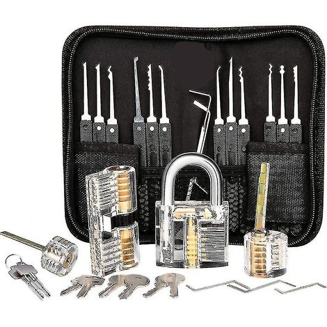 Crea – Coffret de crochetage de serrure 25 pièces – 12 crochets en acier inoxydable – 3 serrures d'entraînement transparentes – Outils de pratique