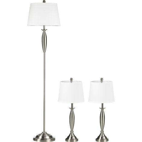 Kit de 3 lámparas: lámpara de pie y 2 lámparas de mesa E27, plata y blanco (1/5)