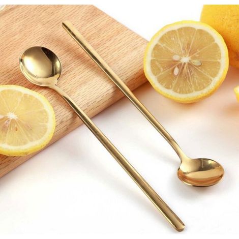 Lot de 4 cuillères à café/thé à long manche de 17 cm, dorées, pour thé glacé et expresso. (1/5)