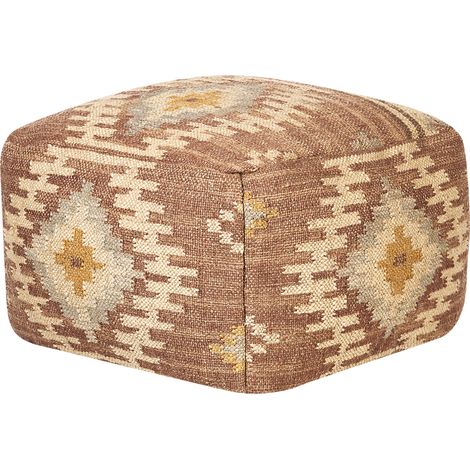 Puf de yute rojo beige 50 x 50 cm reposapiés lana patrón geométrico boho Beel