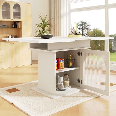 DESMIU Table de salle à manger extensible avec 3 étagères réglables et portes en verre, pour cuisine et salon, blanche (1/5)