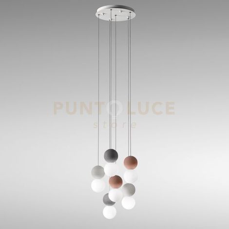 SFERA S/6 LAMPADARIO SOSPESO IN METALLO SATINATO BIANCO E DIFFUSORI IN VETRO 3 COLORI 6 LUCI ATTACCO G9