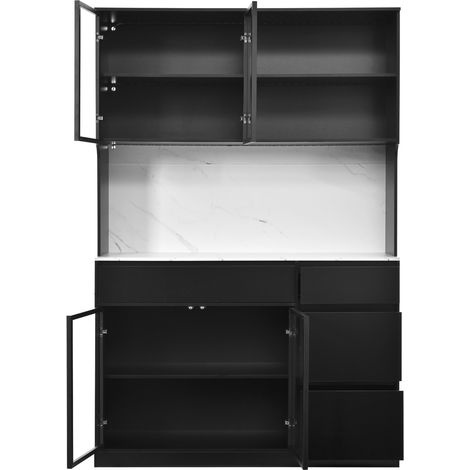 Meuble haut de rangement en MDF noir et blanc avec parties en verre, éclairage LED intégré, finition effet marbre, 120x40x180 cm (1/5)