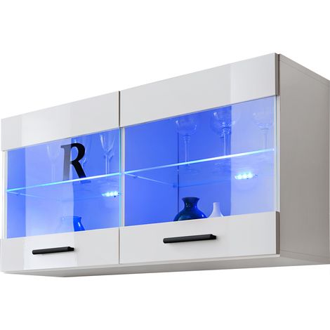 Extreme Furniture, Vitrines Murales T25, (LxHxP): 100 x 50 x 30, corps en Blanc Mat, Façades en Blanc Brillant, blue LEDs (1/4)