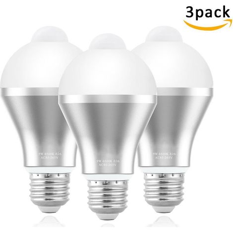 Jeffergarden Ampoules LED Détecteur de Mouvement,  9W PIR Infrarouge Détecteur de Mouvement Ampoule, Eclairage Décoratif pour Escaliers, Garage,Couloir, Passerelle, Jardin(E26/E27 Blanc Froid 600 lume