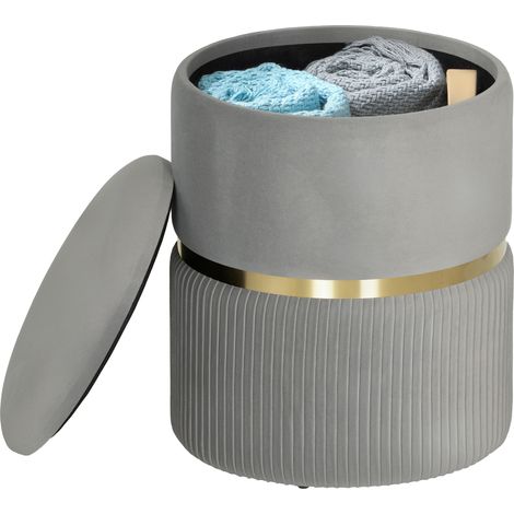 Pouf rond de rangement, pouf recouvert de velours avec couvercle amovible, assise rembourrée et espace de rangement dissimulé, gris clair (1/5)