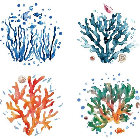4 Autocollant de Fenêtre sous Marin 4 Styles 16cm Corail Algues Poissons Décoratif Été Plage Océan Plantes Autocollant de Fenêtre Amovible Alerte Anti Collision pour Décoration D'Intérieur