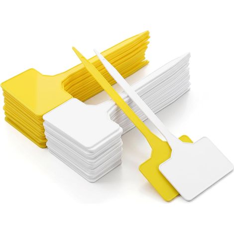 Lot de 50 étiquettes pour plantes pour l'extérieur - Résistantes aux intempéries - 14,5 cm de long - En plastique - Avec surface de signalisation de 5,4 x 3,4 cm (blanc + jaune) (1/5)