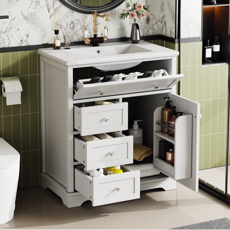REDOM - Meuble de salle de bain 76x46x87 cm, lavabo en céramique, 4 tiroirs, porte, résistant à l humidité, MDF blanc (1/5)