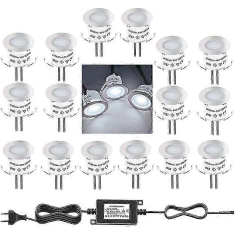 Lot de 16 mini spots LED encastrables d'extérieur, étanches IP67, lumière blanche du jour 4500K, 32 mm, 0,6 W, 12 V CC, pour allée, terrasse, en bois, piscine. (1/5)