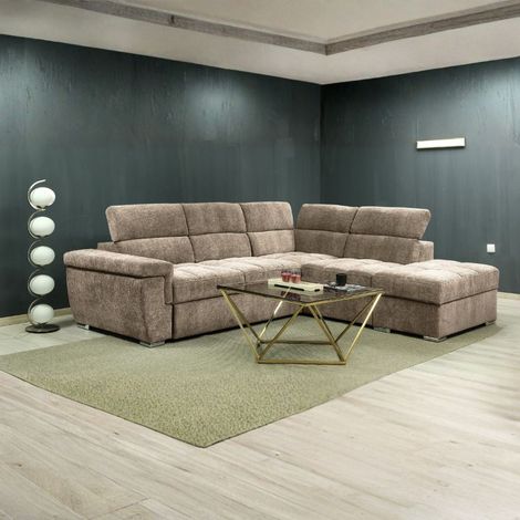 Divano letto angolare reversibile Amalfi con 5 poggiatesta regolabili e pouf in tessuto cappuccino (1/3)