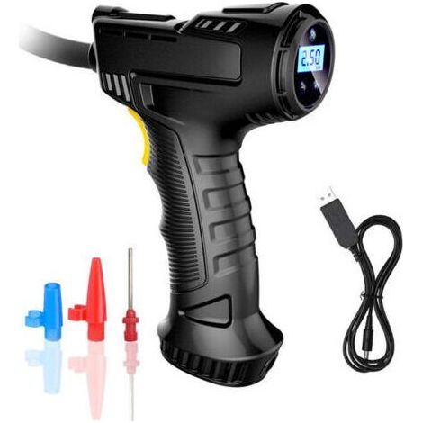 Compresseur d'air sans fil pour gonfler les pneus, gonfleur portable avec manomètre numérique, batterie rechargeable, pompe à pneus sans fil avec lumière LED et 3 embouts pour voiture, vélo, moto (1/4)