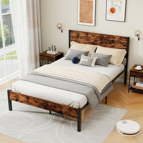 GOPLUS Cadre de Lit Double 140x200CM, Lit Plateforme avec Tête à Lattes, Style Industriel avec Espace de Rangement, Pas Besoin de Sommier, Marron Rustique (1/5)