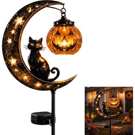 Lampe solaire décorative d'extérieur pour Halloween (motif chat noir et lune avec citrouille) – Éclairage étanche pour jardin, terrasse, pelouse ou allée (1/5)