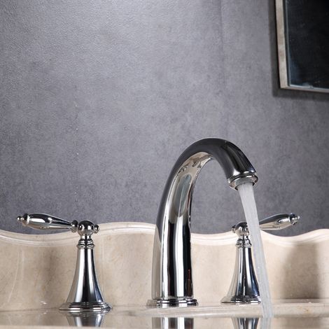 Three-hole copper basin tap, split double-handle tap, European-style bathroom faucet, silver (1/5)