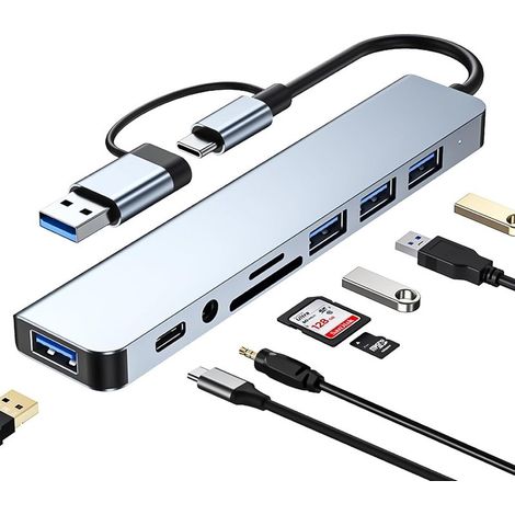 2PCS Hub C 8 en 1, adaptateur multiport 3.0 avec lecteur de carte SD/TF, ports USB 3.0 et 2.0, port USB-C, sorties audio 3,5 mm, répartiteur compatible MacBook Pro, Air, Galaxy, iPad (1/5)