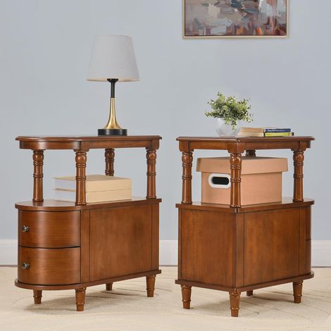 PADMA HOUSE Set of 2 Wood End Table with 2 Drawers and Storage Shelf, Narrow Sofa Side Table for Living Room, Vintage Slim Nightstand Bedside Table for Bedroom, Slim Chair Side Table Cherry Brown A508 (1/5)