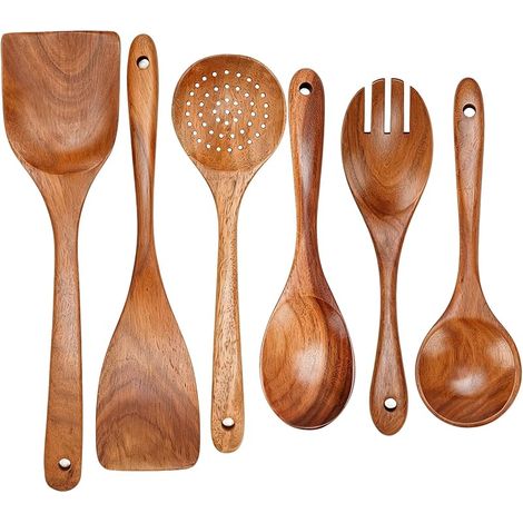 Lot de 6 cuillères en bois de teck naturel résistantes à la chaleur pour la cuisson - Poignée confortable - Ustensiles de cuisine en bois anti-adhésifs (1/5)