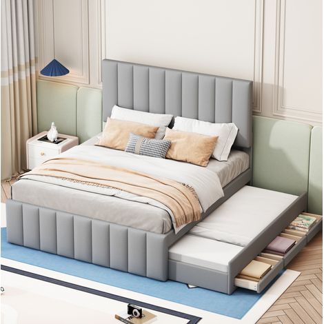 Lit capitonné classique gris 140x200 cm avec tête de lit réglable, lit gigogne 90x190 et 3 tiroirs