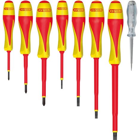KS Tools - 922.6218 - Set di 7 cacciaviti bimateriale isolati 1000 V Fessura -PH e cacciavite tester LED - Resistente agli agenti chimici - Utensili elettrici