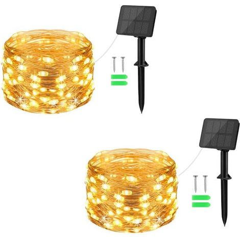 String Lights Guirlande Lumineuse Solaire Exterieure, 2×10M 100LED Solaire Guirlande 8 Modes IP65 Étanche Lumineuse Decoration pour Jardin, Patio, Chambre, Balcon, Mariage, Noël (Blanc Chaud) (1/5)