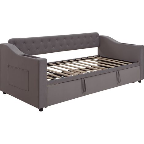 Sofá cama abatible acolchado 90 x 190 cm en terciopelo gris con puertos USB y almacenaje (1/5)