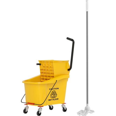 Seau professionnel de nettoyage de sols 36 L avec balai, essoreuse, roulettes et poignée, 55 x 37 x 65 cm, jaune