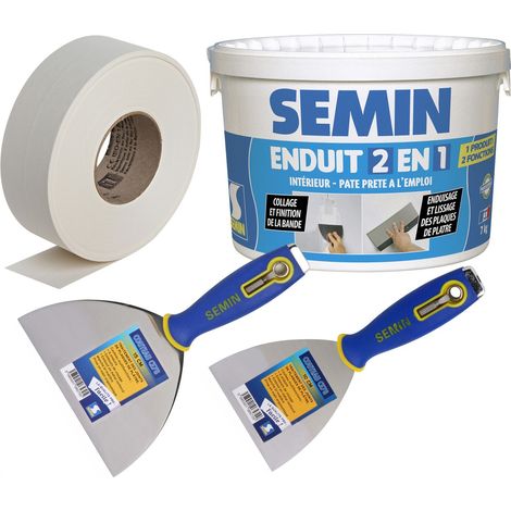 Semin – Pack de 1 bande à joint papier 75m – 1 enduit 2 en 1 7kg – 2 couteaux à enduire 10 et 15 cm – Pour joints plaques de plâtre (1/5)