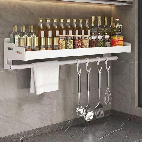 Étagère de rangement pour fer de cuisine, étagère à épices suspendue au mur, ustensiles de cuisine murale pour la maison, porte-épices, porte-épices, étagère (blanc, 40 cm de longueur)