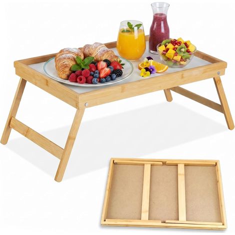 Plateau de Lit petite table de petit déjeuner en bambou plateau de service pieds pliants pliables en bois avec tablette en plastique (1/5)