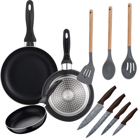 Set sartenes Navy Black 16/20/24 cms. al. Prensado, inducción, con Set 4 cuchillos de cocina, acero inoxidable, con Set 3 utensilios de cocina, Nylon (1/5)