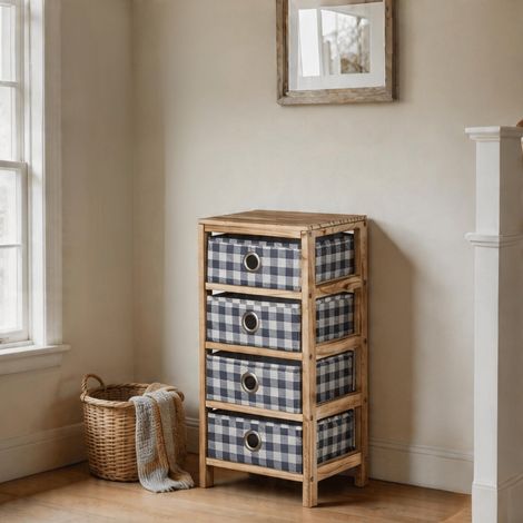 Wooden Chest 4 Storage Drawers Blue Plaid Fabric Bedroom Organiser Coastal Style (1/5)