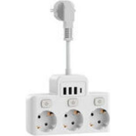 Multiprise avec Interrupteur Individuel, Multiprise Electrique 3 Prises avec 4 Ports USB, 4000W 16A avec Câble Court 5CM