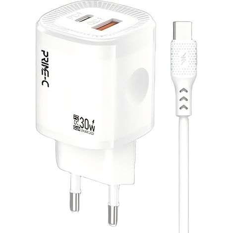 Kit chargeur domestique 30 W, câble de données USB-C vers USB-C de 1 mètre + prise européenne standard blanche. (1/2)