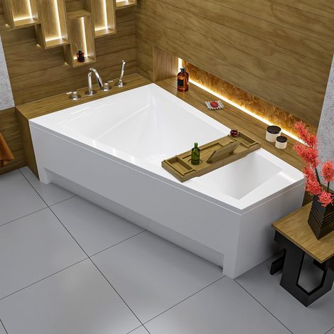 ECOLAM Baignoire trapéze Rita 160x100 cm gauche + tablier  Planche en Bambou  Vidange automatique Alcaplast + Pieds et silicone (1/5)