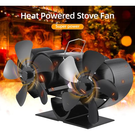 Decdeal Ventilateur de poêle à double moteur, 10 pales, cheminée alimentée par la chaleur, fonctionnement silencieux, Non électrique, pour poêle à bois/à granulés/à bûches, noir
