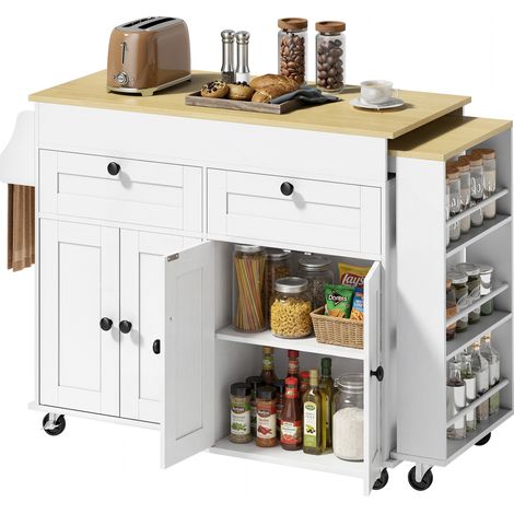 îlot central cuisine avec plateau extensible. desserte de cuisine sur roulettes avec 2 tiroirs. 4 portes. blanc