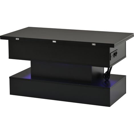 Table basse relevable noire avec rangement caché, éclairage LED et prise USB, réglable en hauteur, 100 x 50 x 51,5 cm (1/5)