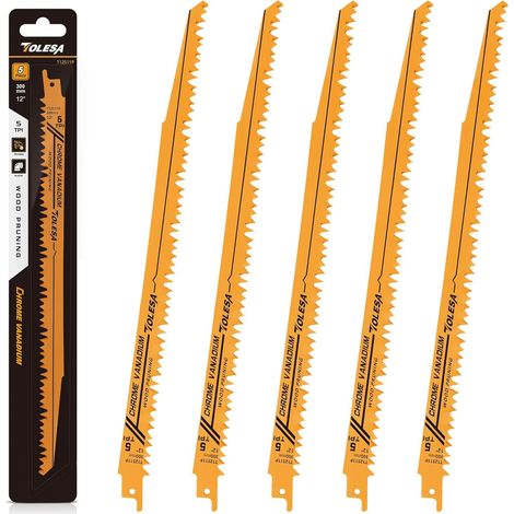 Reciprocating Saw Blades for Wood Pruning 300mm 5TPI Green Wood Construction and Cutting PVC Pipe with Sharp Teeth CRV for Fast Cutting 5 Pack (1/5)